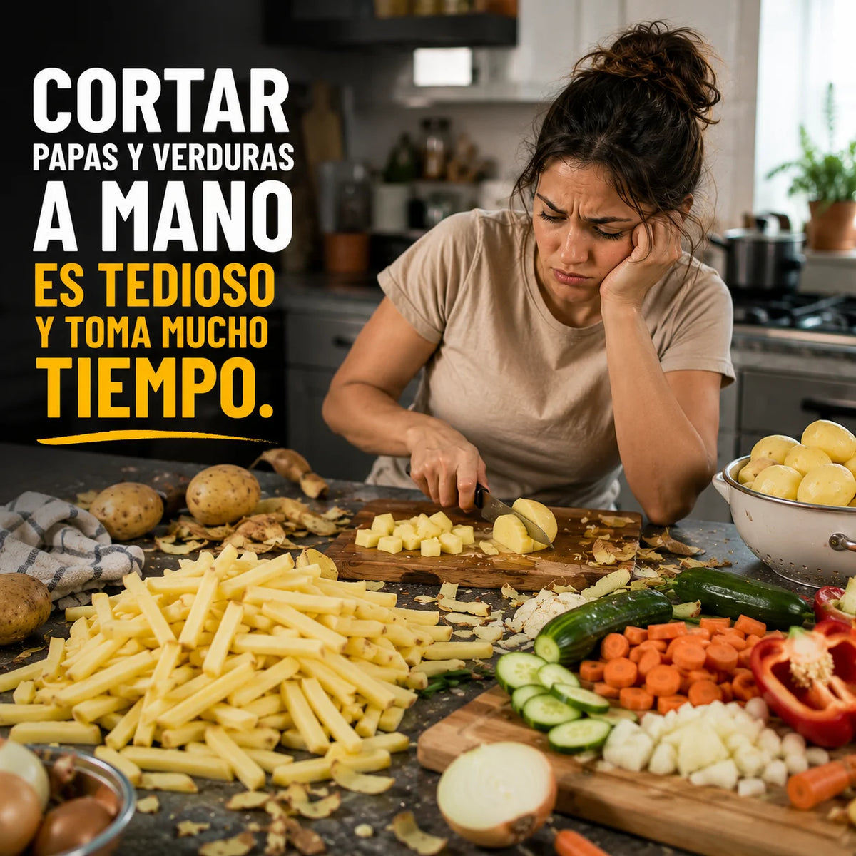 Cortar papas manualmente es tedioso y consume tiempo, complicando la preparación de tus comidas.